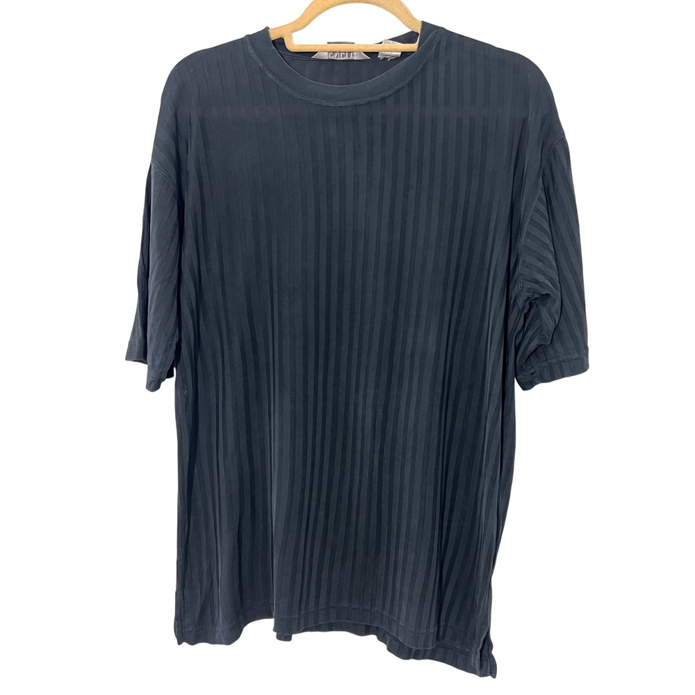 Vintage Genelli T-Shirt Mens M Black 100% Pure Silk Ribbed Short Sleeve Coastal